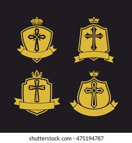 Church logo. Christian symbols.  The shield with the cross of Jesus and ribbon.