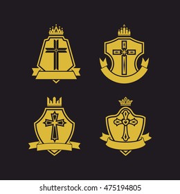 Church logo. Christian symbols.  The shield with the cross of Jesus and ribbon.