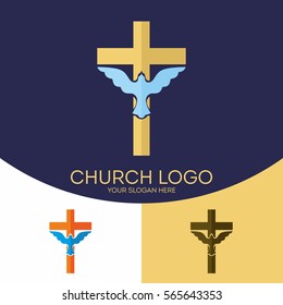 Church logo. Christian symbols. Silhouette of the cross of Jesus Christ, the dove, the Holy Spirit.