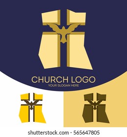 Church logo. Christian symbols. Silhouette of the cross of Jesus Christ and the dove of the Holy Spirit.