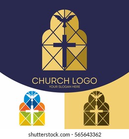 Church logo. Christian symbols. Stained glass. The cross of Jesus Christ and the dove of the Holy Spirit.