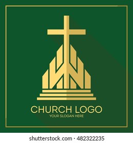Church logo. Christian symbols. Stylish cross of Jesus Christ among graphic vector elements.