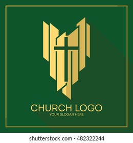 Church logo. Christian symbols. Stylish cross of Jesus Christ among graphic vector elements.
