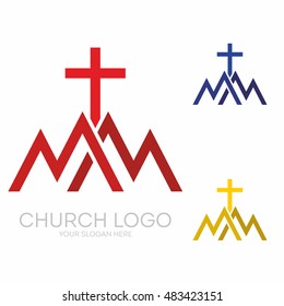 Church logo. Christian symbols. Stylish cross of Jesus Christ among graphic vector elements.