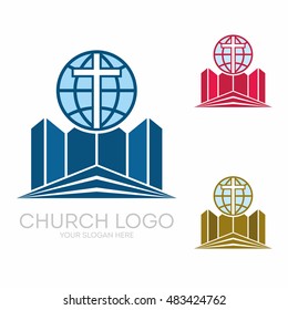 Church logo. Christian symbols. Stylish cross of Jesus Christ, globe and graphic vector elements