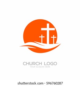 Church logo. Christian symbols. Three crosses on a hill.