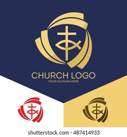 Church logo. Christian symbols. Trinity, the cross and Jesus fish.