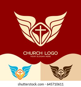 Church logo. Cristian symbols. The cross of Jesus and the wings of an angel