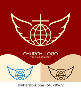 Church logo. Cristian symbols. The cross of Jesus, the globe and the wings of an angel