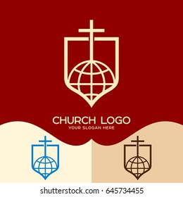 Church logo. Cristian symbols. The cross of Jesus and the globe - the world