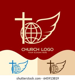 Church logo. Cristian symbols. Cross of Jesus, globe and angel wing