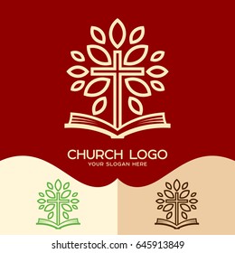 Church logo. Cristian symbols. The Cross and the Open Bible