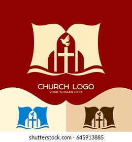 Church logo. Cristian symbols. The cross of Jesus, the open bible and the dove - a symbol of the Holy Spirit