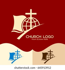 Church logo. Cristian symbols. The Cross of Jesus, the Bible and the Globe
