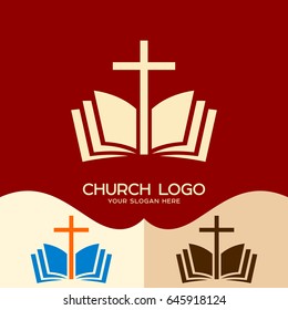 Church logo. Cristian symbols. The cross of Jesus and the open bible