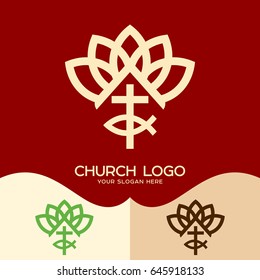 Church logo. Cristian symbols. The cross of Jesus and the sign of fish, plant elements