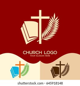 Church logo. Cristian symbols. Cross of Jesus, open bible and palm branch