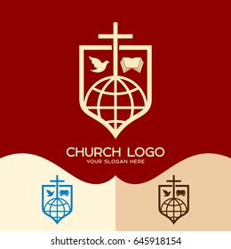 Church logo. Cristian symbols. Cross of Jesus, the Bible, the dove and the globe