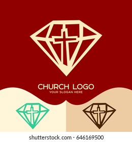 Church logo. Cristian symbols. The cross of Jesus against the background of a diamond