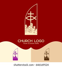 Church logo. Cristian symbols. The cross of Jesus, the sign of the fish and the city