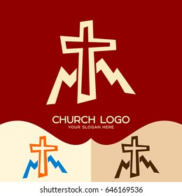 Church logo. Cristian symbols. Cross of Jesus and mountains