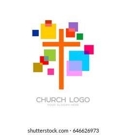 Kirchenlogo. Kritische Symbole. Das Kreuz Jesu und die farbigen Elemente