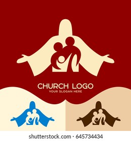 Logotipo da igreja. Símbolos cristianos. Família em Cristo Jesus