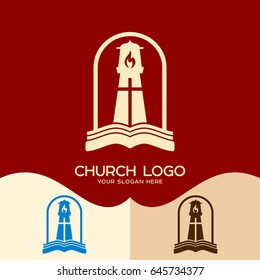 Church logo. Cristian symbols. God's lighthouse and the Bible