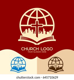 Church logo. Cristian symbols. The Church of Jesus Christ in the middle of the city