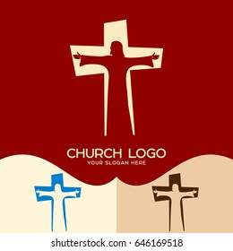 Kirchenlogo. Kritische Symbole. Jesus Christus im Hintergrund des Kreuzes