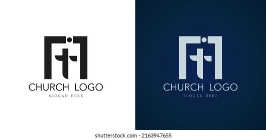 Church logo with cross and bible design vector illustration isolated on white background. Modern christian logo template with cross of Jesus and symbol of faith line art. Person coming to Jesus icon.