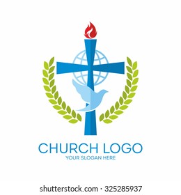 Church logo. Cross, globe, flame and dove.