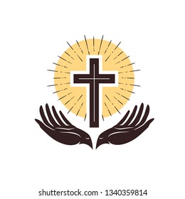 Church logo. Cross and hands, christian symbol. Vector illustration