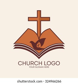 Church logo. Cross and open bible, dove and flame