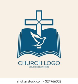 Church logo. Cross and open bible, dove, Holy spirit