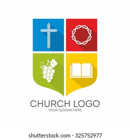 Church logo. Crown of thorns, cross, grape, bible.