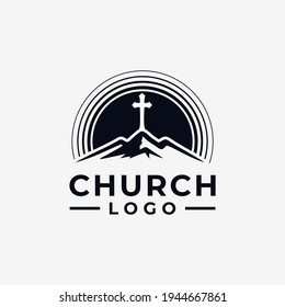 church logo design vector with mountain sun and cross for community