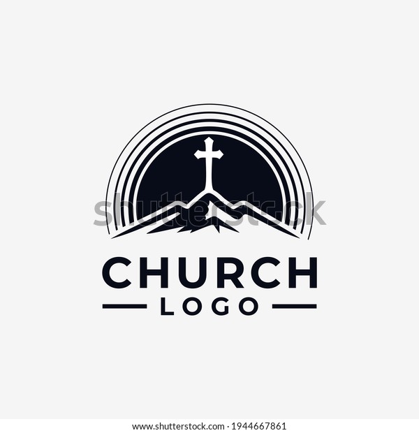 church logo design vector with mountain sun and\
cross for community
