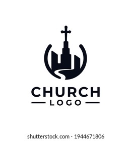 church logo design vector with river city and building for modern community