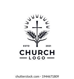 church logo design vector with wheat sun and cross for symbol of harvest prosperity