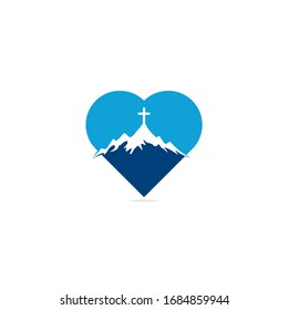 church logo designs with mountain, minimalist logo. People church vector heart shape concept logo design template. Church and Christian organization logo.	