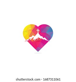 church logo designs with mountain, minimalist logo. People church vector heart shape concept logo design template. Church and Christian organization logo.	