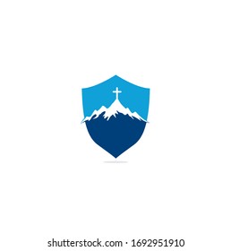 church logo designs with mountain, minimalist logo. People church vector shield shape concept logo design template. Church and Christian organization logo.	