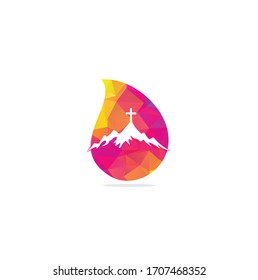 church logo designs with mountain, minimalist logo. People church vector drop shape concept logo design template. Church and Christian organization logo.	
