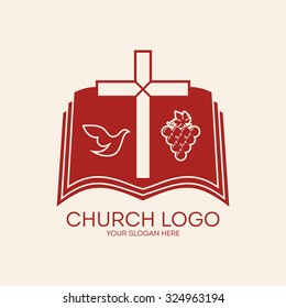 Church logo. Dove, cross, open bible, Holy Spirit, grape