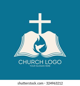 Church logo. Dove, cross, open bible, Holy Spirit, flame