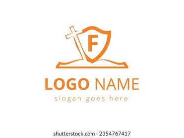 Church logo With F Letter Concept. Christian sign symbols. The cross of Jesus logo for Christian church