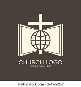 Church logo. Globe, cross and open bible