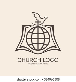 Church logo. Globe, cross, open bible, dove, Holy spirit