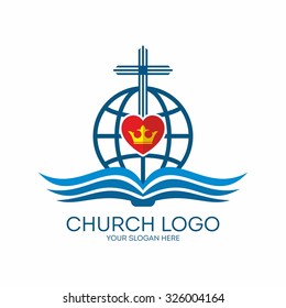 Church logo. Globe, crown, cross, bible and heart
